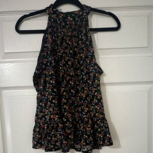 CeCe Womens Floral Halter Neck Peplum Blouse Black Multi XS Sleeveless Top
